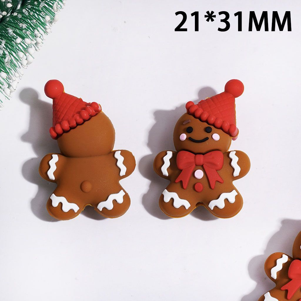 Silicone Focal Beads 3D Gingerbread Man with Red Christmas Hat and Bowtie, 21*31MM