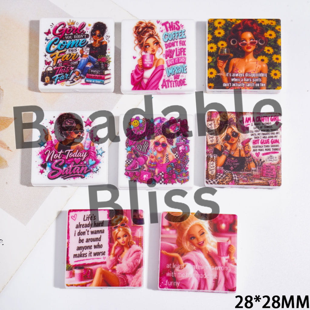 Focal Beads with Various Style Fashion Doll Character and Text Flower, Flat Square Shape, 28*28MM Random Mix
