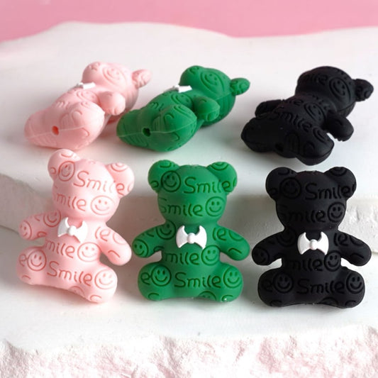 White Bowknot with 3D Green Black Cute Smile Face Bear Silicone Focal Beads, Random Mix