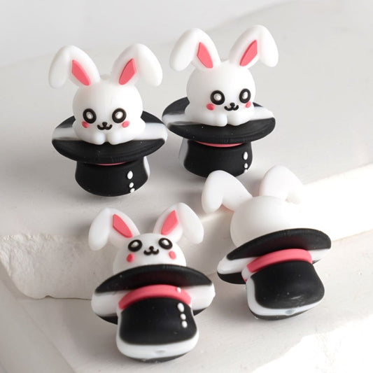 Cute White Bunny Rabbit in the Hat 3D Silicone Focal Beads