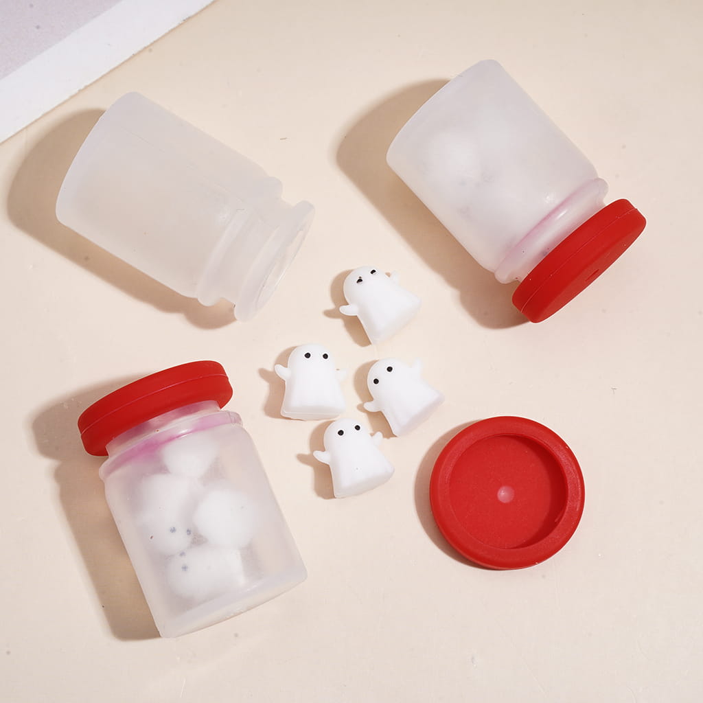 Cute Mini White Ghost in Frosted Bottle, Halloween Theme, Silicone Shaker Beads 30MM Height, Random Mix