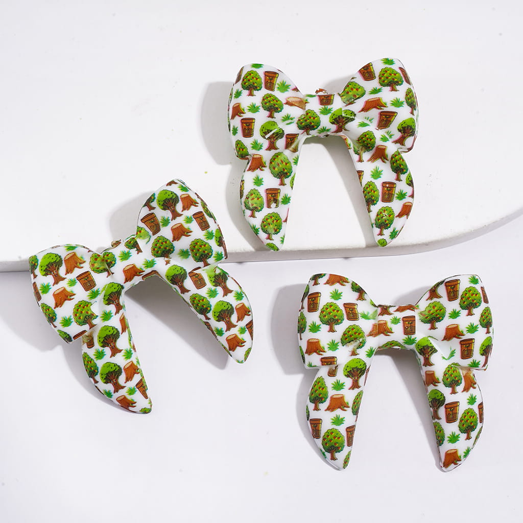 Nature-Themed Soft Bow Design, Tree, Grass & Flower Pot Print, Silicone Focal Beads 40MM, Assorted Styles