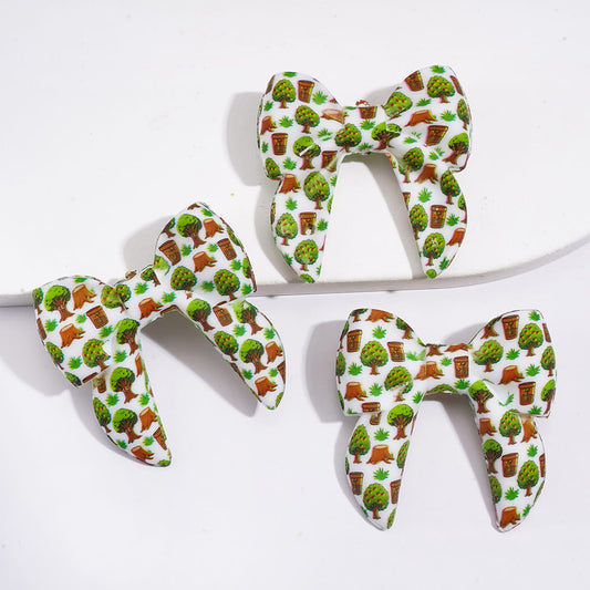 Nature-Themed Soft Bow Design, Tree, Grass & Flower Pot Print, Silicone Focal Beads 40MM, Assorted Styles