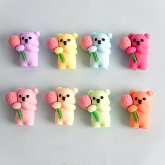 Cute 3D Bears Pink Flowers Hold Silicone Focal Beads, Random Mix