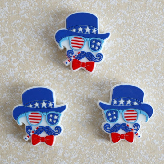 Adorable Uncle Sam with USA America Flag Design Hat Glasses Red Bow Patriotism Silicone Focal Beads