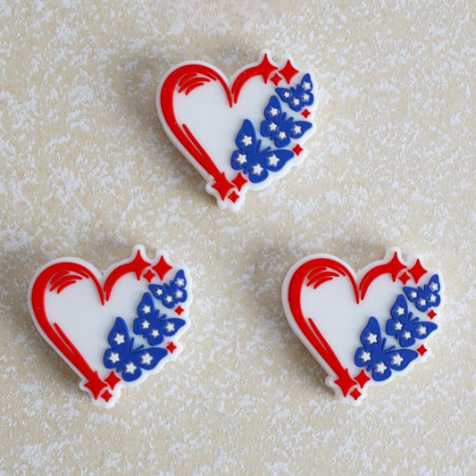 Red, White & Blue American Flag Colors Heart Butterfly Silicone Focal Beads