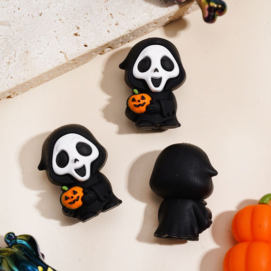 3D Halloween Death Ghost Holding Pumpkin Silicone Focal Beads, Around Height 26MM