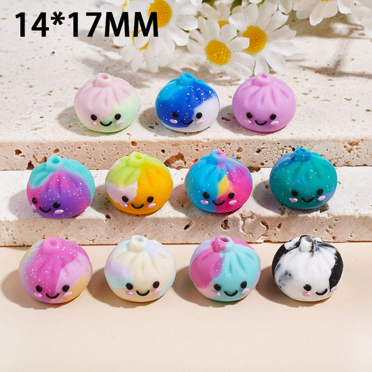 3D Colorful Gradient Cute Adorable Dumpling Character with Silver Glitter Acrylic Beads, 14*17MM, Multi Colors Random Mix