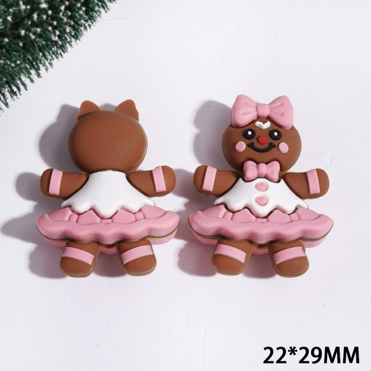 3D Cute Christmas Gingerbread Man with Pink Bow, White-and-Pink Ruffled Dress, & Matching Boots, Silicone Focal Beads, 22*29MM