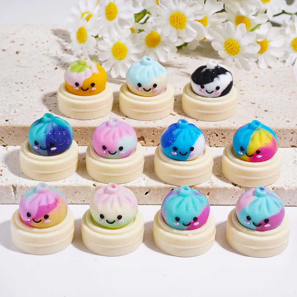 3D Colorful Gradient Dumpling and Steamer Basket with Silver Glitter Silicone Focal Beads, Random Mix