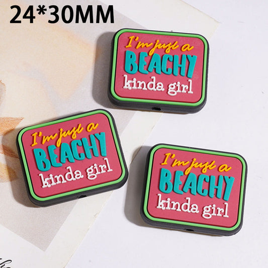 Rectangle Shape Silicone Focal Beads with Text "I'm Just a Beachy Kinda Girl" 24*30MM