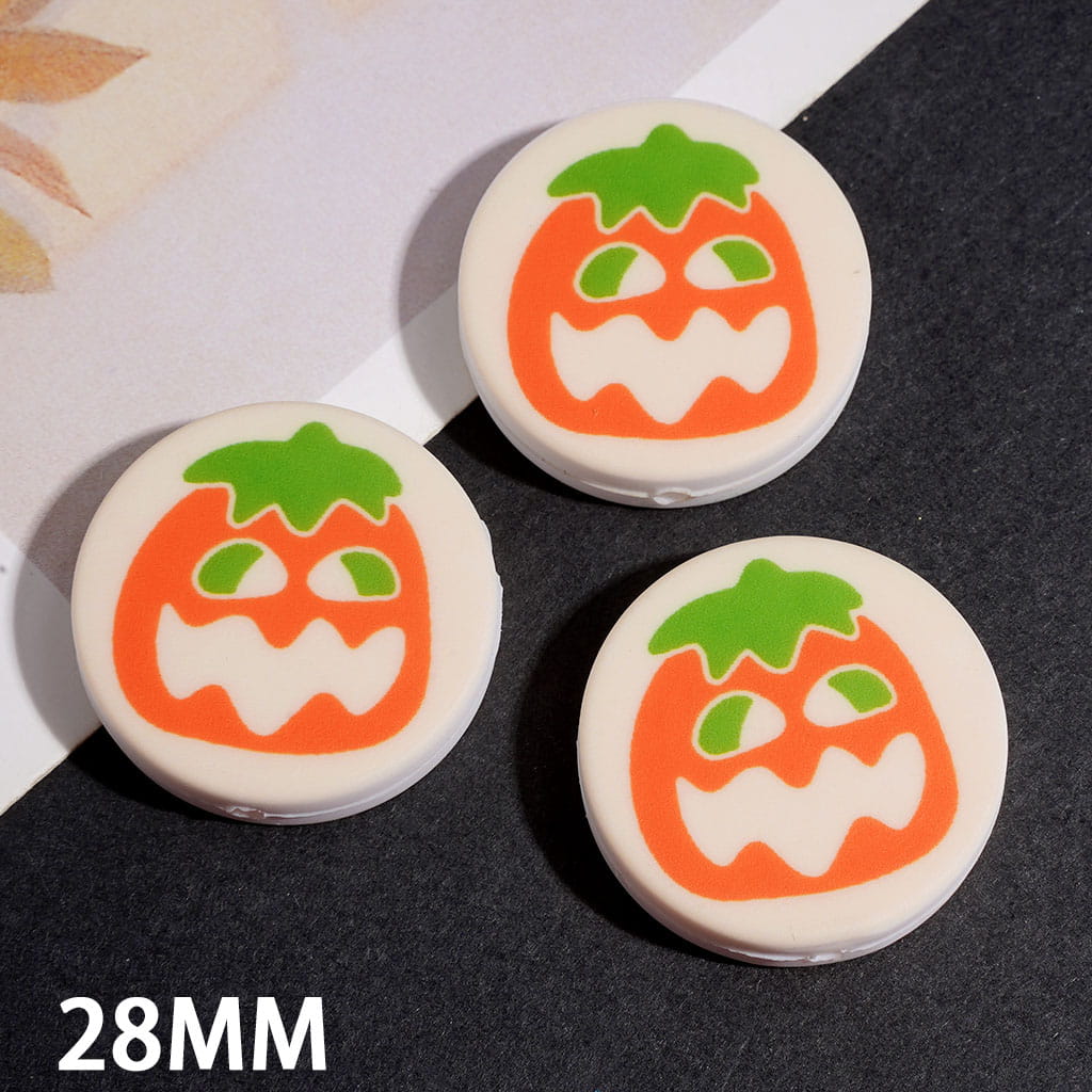 Silicone Focal Beads with Horror Pumpkin, Halloween Theme, Flat Round Shape, 28MM