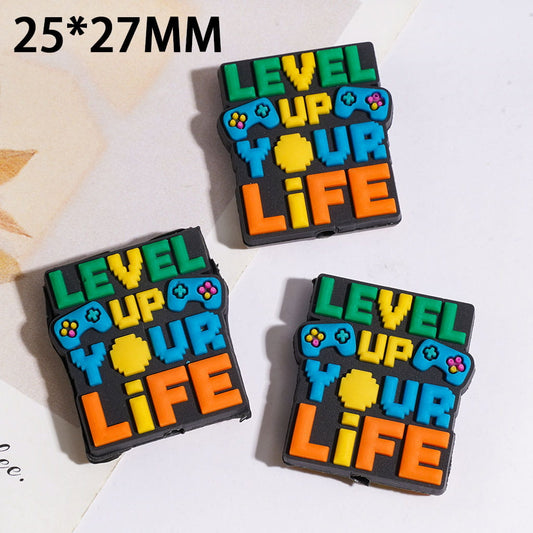 Gaming Controller Silicone Focal Beads with Colorful Text "level up your life" 25*27MM