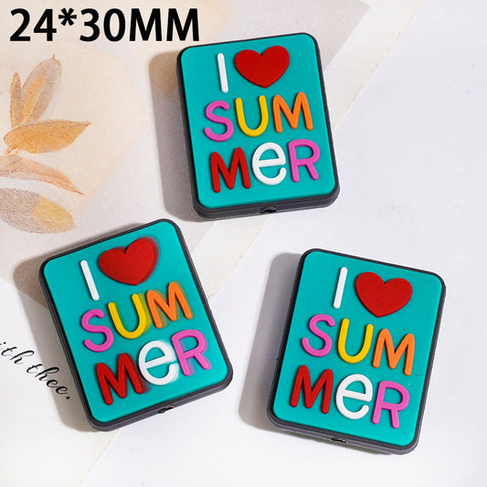 Rectangle Shape Silicone Focal Beads with Text "I SUMMER" & Red Heart, 24*30MM