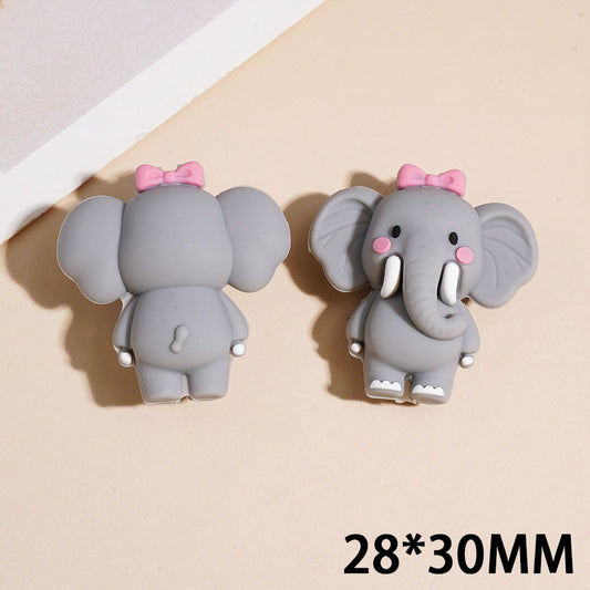 3D Cute Gray Mini Elephant with Pink Bow on Head Silicone Focal Beads, 28*30MM