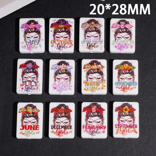 Messy Bun Girl Birth Month Flat Rectangle Shape Acrylic Beads, 20*28MM, Assorted Month Designs, Random Mix
