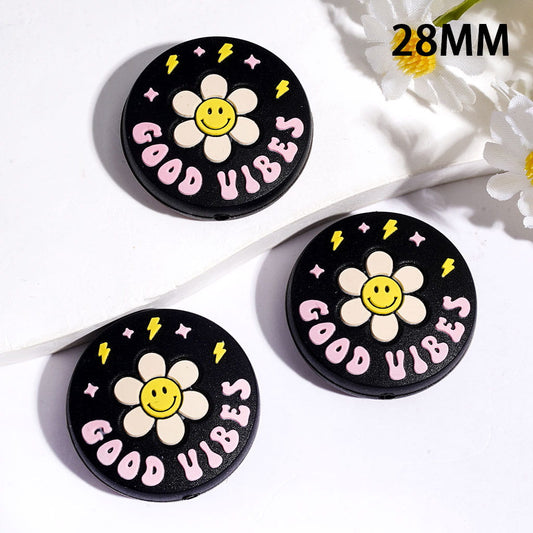 Smiley Flower with Text "Good Vibes" Flat Round Shape Black Silicone Focal Beads, 28MM