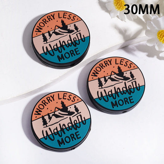 Mountain Tree with Text "Worry Less Wander More", Flat Round Shape, Silicone Focal Beads, 30MM