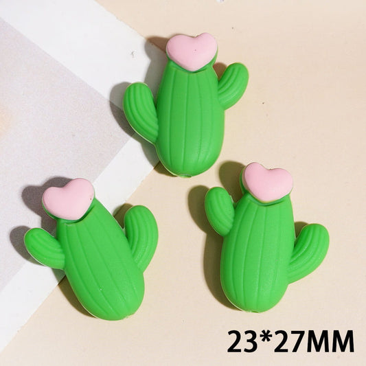 3D Cute Green Cactus with Pink Heart, Silicone Focal Beads, 23*27MM