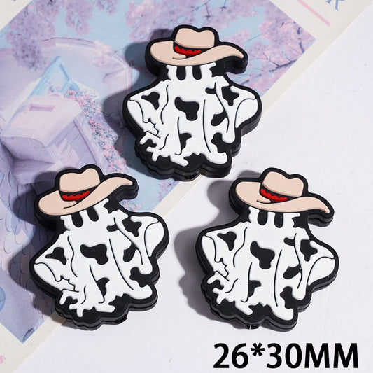 Cow Print Ghost with Cowboy Hat Western Halloween Theme, Silicone Focal Beads, 26*30MM, Random Mix
