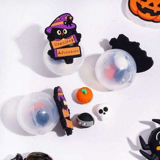 Halloween Surprise Silicone Shaker Beads with "Dressing Adventure" Text Witch Cat, Pumpkin & Skull Embedded Inside Ball