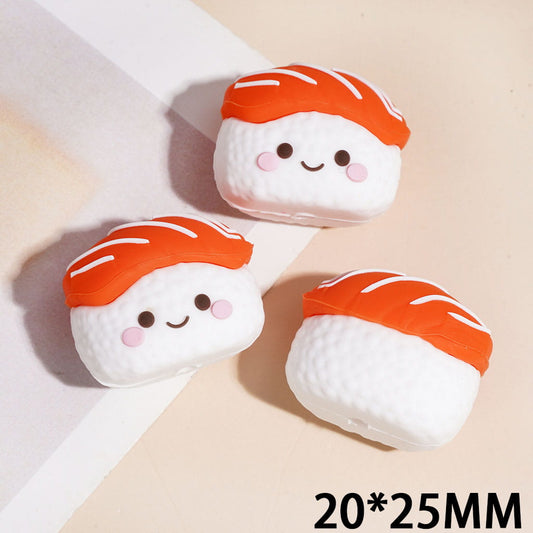 3D Cute Salmon Sushi Smiling Face Food Theme Silicone Focal Beads, 20*25MM