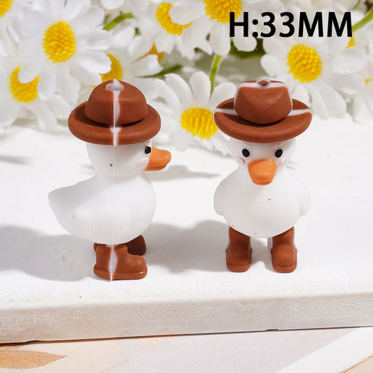 3D Cute White Duck Cowboy Brown Hat and Shoes Silicone Focal Beads, Height 33MM