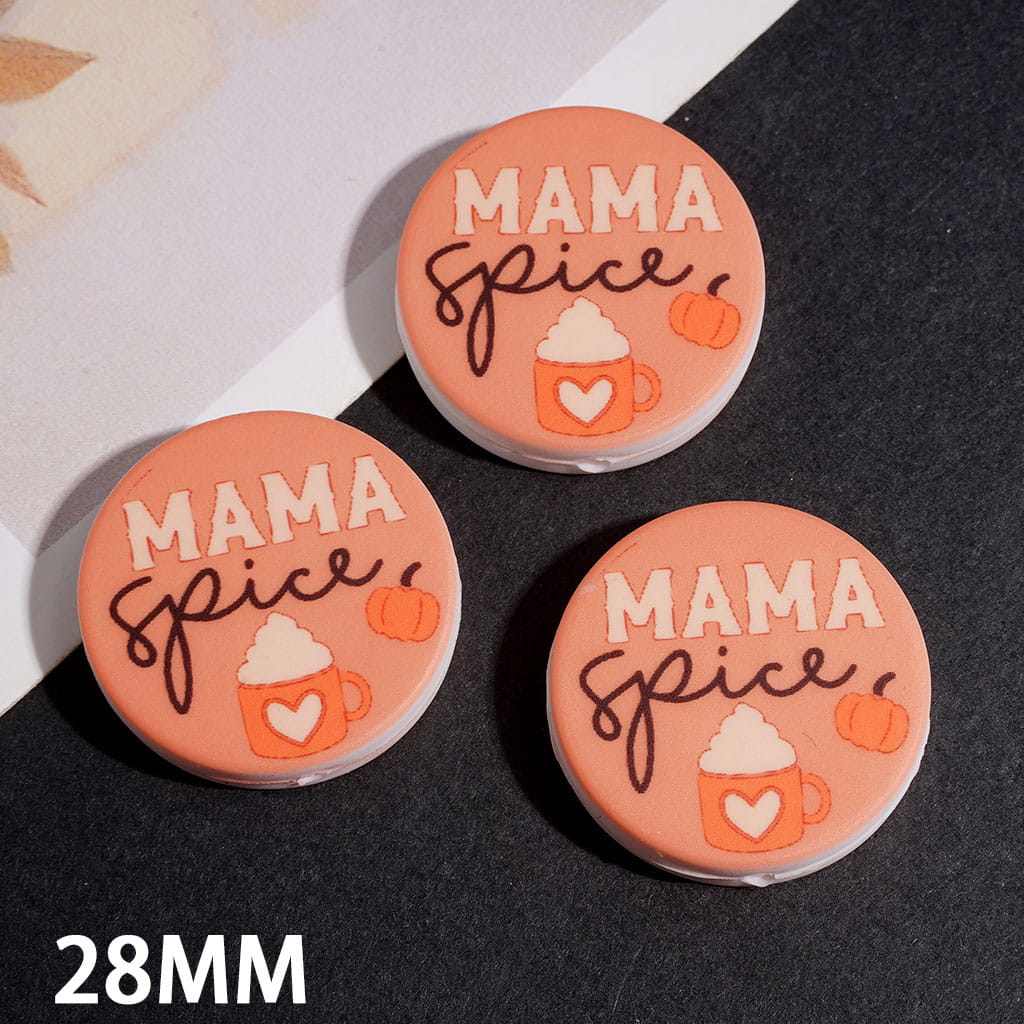 Silicone Focal Beads with Coffee Pumpkin Text " MAMA SPICE" , Flat Round Shape, 28MM