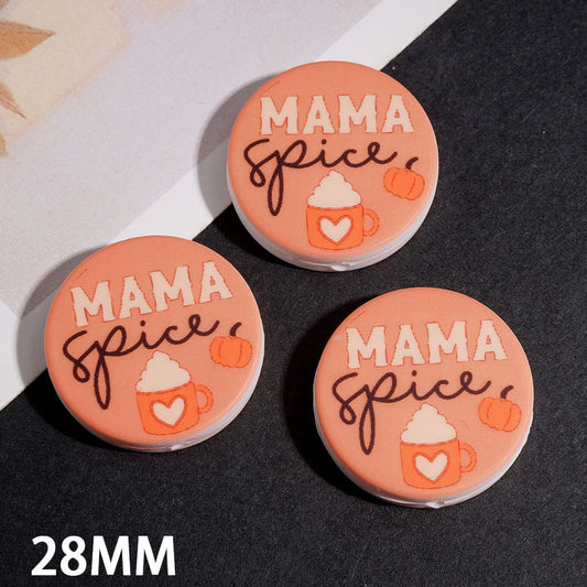 Flat Round Silicone Focal Beads with “MAMA SPICE” Text, Pumpkin & Coffee Cup Design, 28MM Random Mix