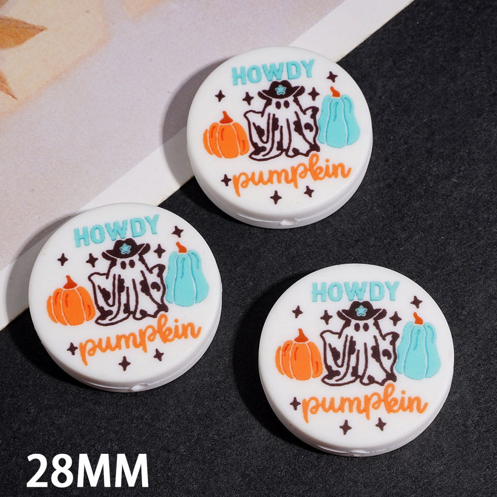 Silicone Focal Beads Pumpkin Ghost with Cowboy Hat Text " HOWDY PUMPKIN", Flat Round Shape, 28MM