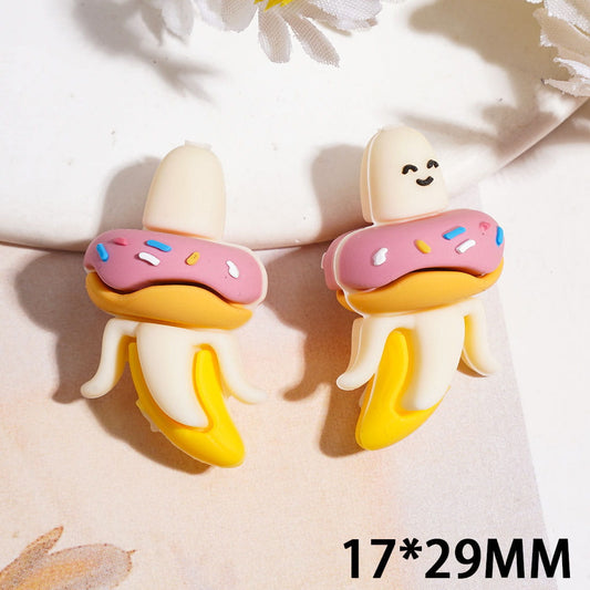 3D Cute Dessert with Banana & Doughnut Designs, Sweet Food Theme, Silicone Focal Beads 17*29MM, Random Mix