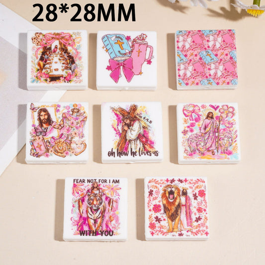 Christian Faith Silicone Focal Beads with Bible, Jesus & Tiger Print Designs, Flat Square Shape, Religious Theme, Random Mix