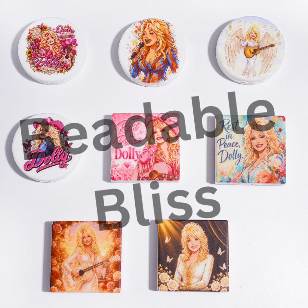 Silicone Focal Beads with American Country Singer Print, Flat Round and Square Shape, Random Mix