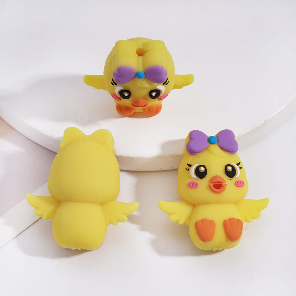 3D Yellow Duck with Purple Bowtie & Open Wings Silicone Focal Bead