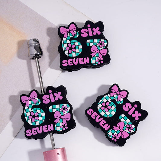 Pink Bowtie and Flowers with Text "SIX SEVEN" and Number "67" Silicone Focal Beads