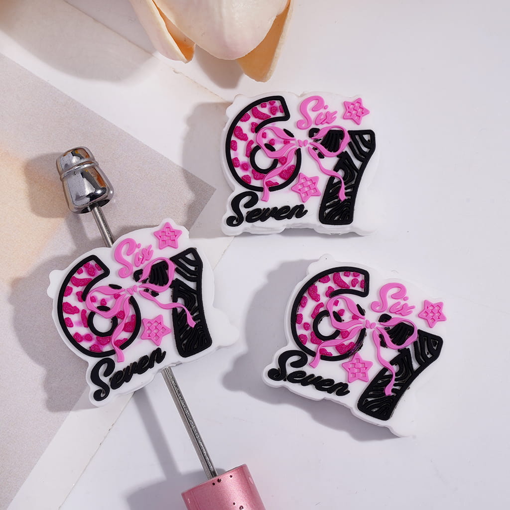 Silicone Focal Beads with text Number "67" and Text "Six Seven", Pink Star and Bowknot