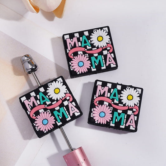 Mother's Day Silicone Focal Beads with Text "MA MA" & Daisy Flowers