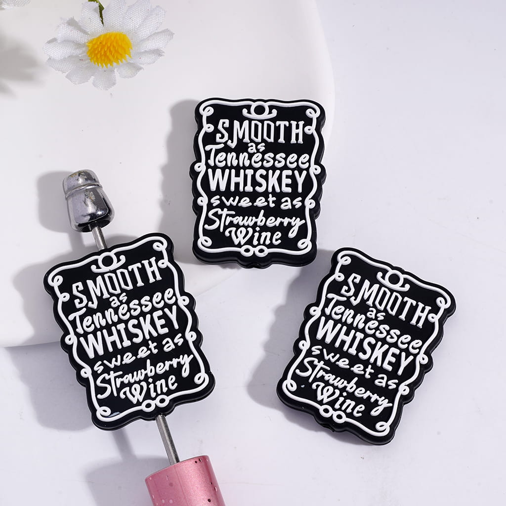 Black Silicone Focal Beads with Text "SMOOTH as Tennessee WHISKEY sweet as strawberry Wine" and White Scroll