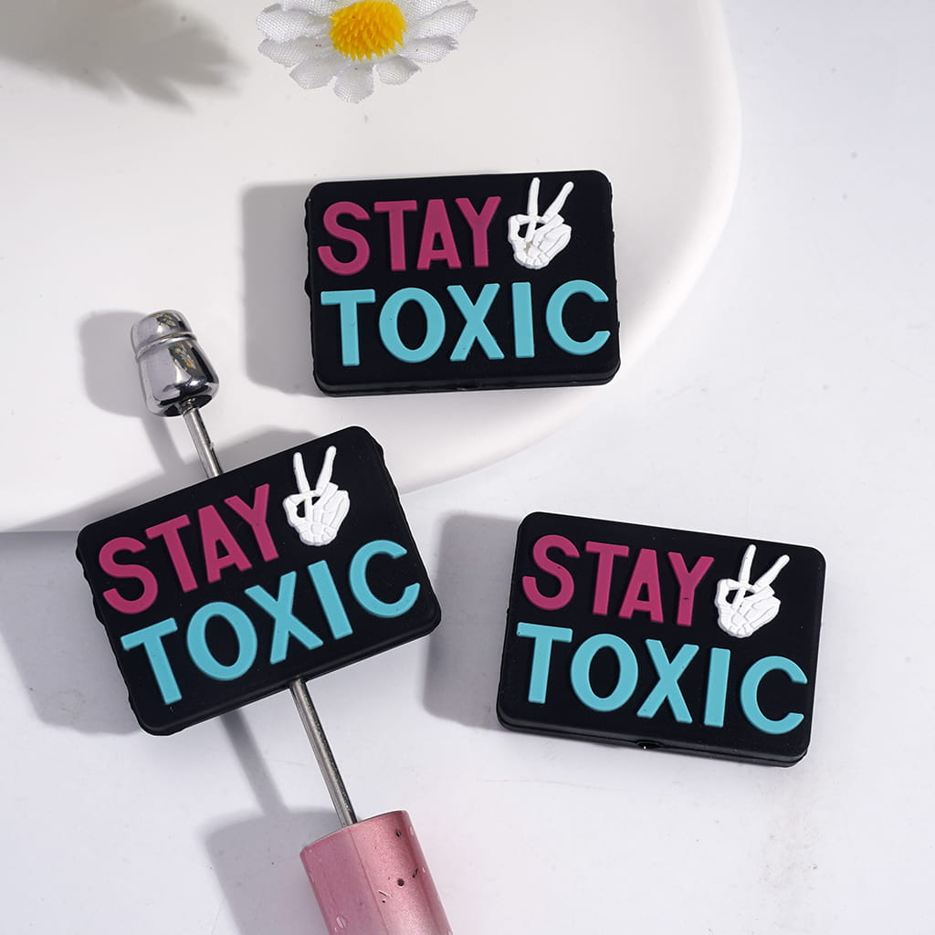 White Skeleton Hand Print with Text "STAY TOXIC" Flat Rectangle Shape Silicone Focal Beads