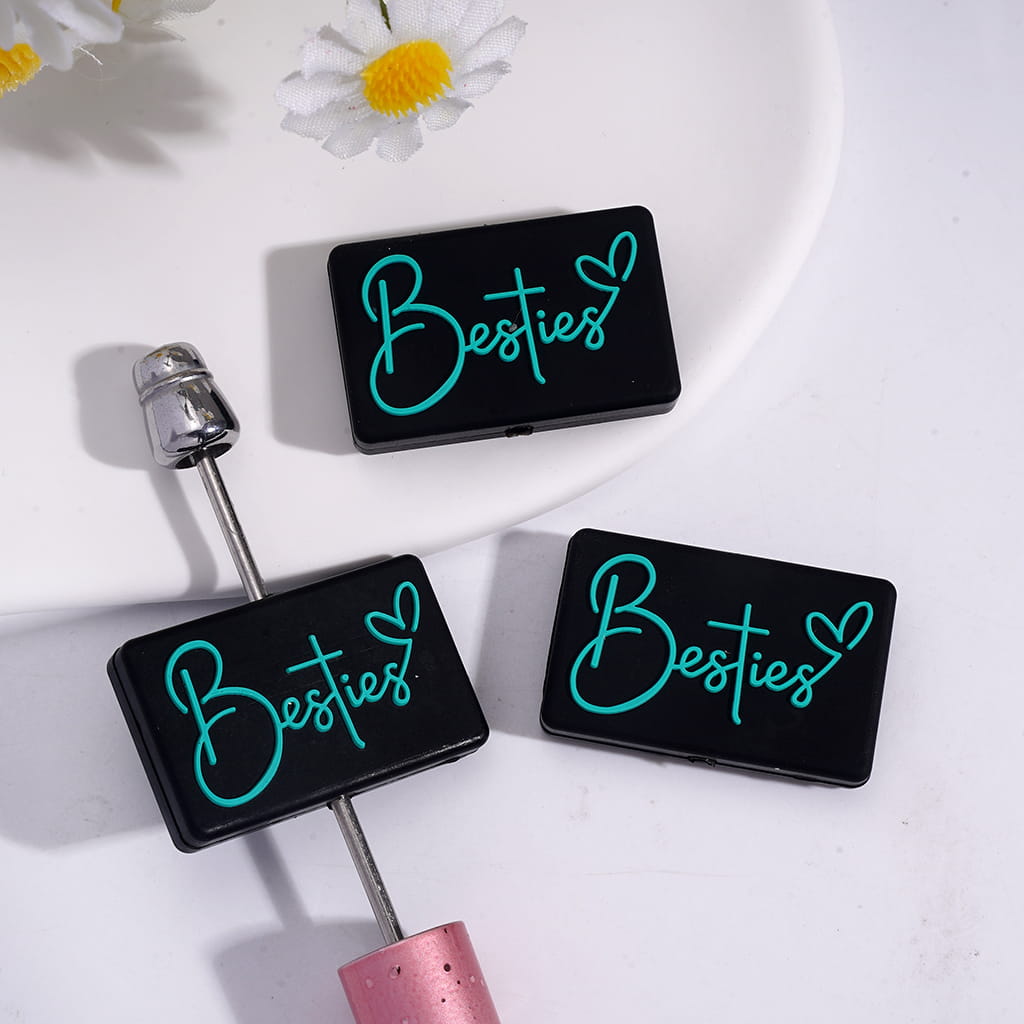 Black Flat Rectangle Shape Silicone Focal Beads with Teal Text "Besties" and Heart