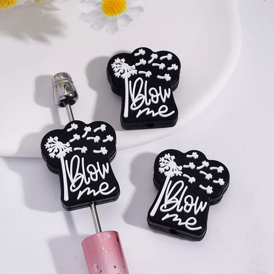 Black Silicone Focal Beads White Text "Blow me" and Dandelion on Black Background