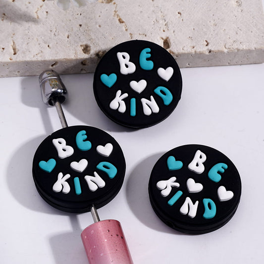 Black Flat Round Shape Silicone Focal Beads with Text "BE KIND" and Heart