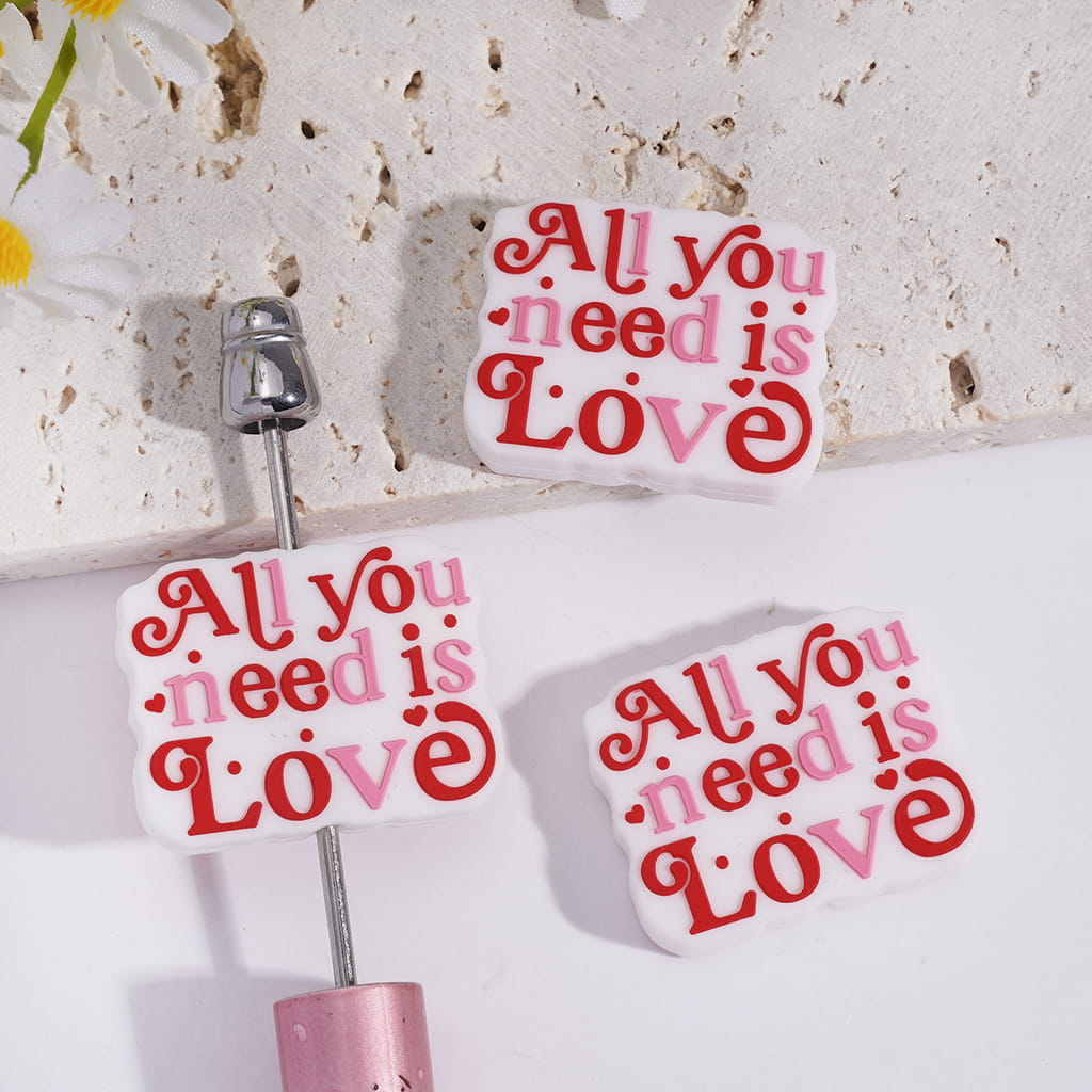 White Silicone Focal Beads with Text "All you need is LOVE" and Red Hearts Polka Dots
