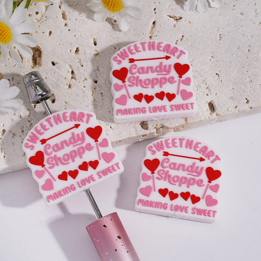 Pink Sweet Heart Candy Shoppe Silicone Focal Bead with Cupid Arrow & Love Text Romantic Valentine