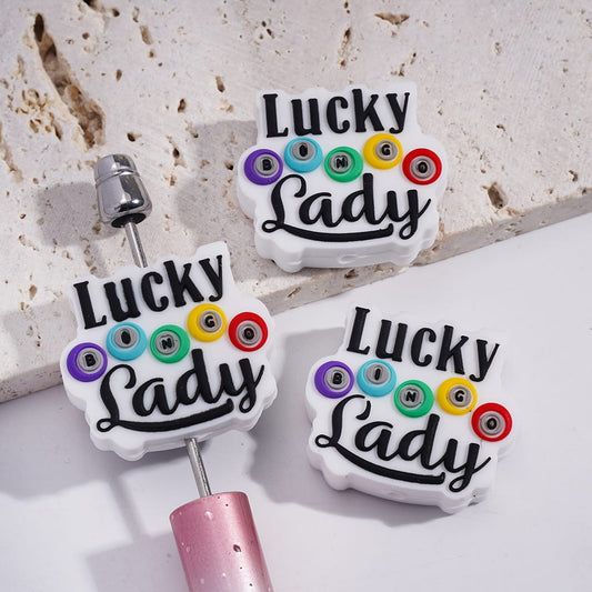 Silicone Focal Beads with Text "LUCKY BINGO Lady" on White Background