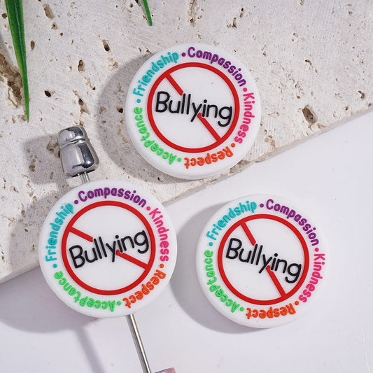 Flat Round Shape Silicone Focal Beads in Anti-Bullying Theme with Text “Compassion Kindness Respect Acceptance Friendship”