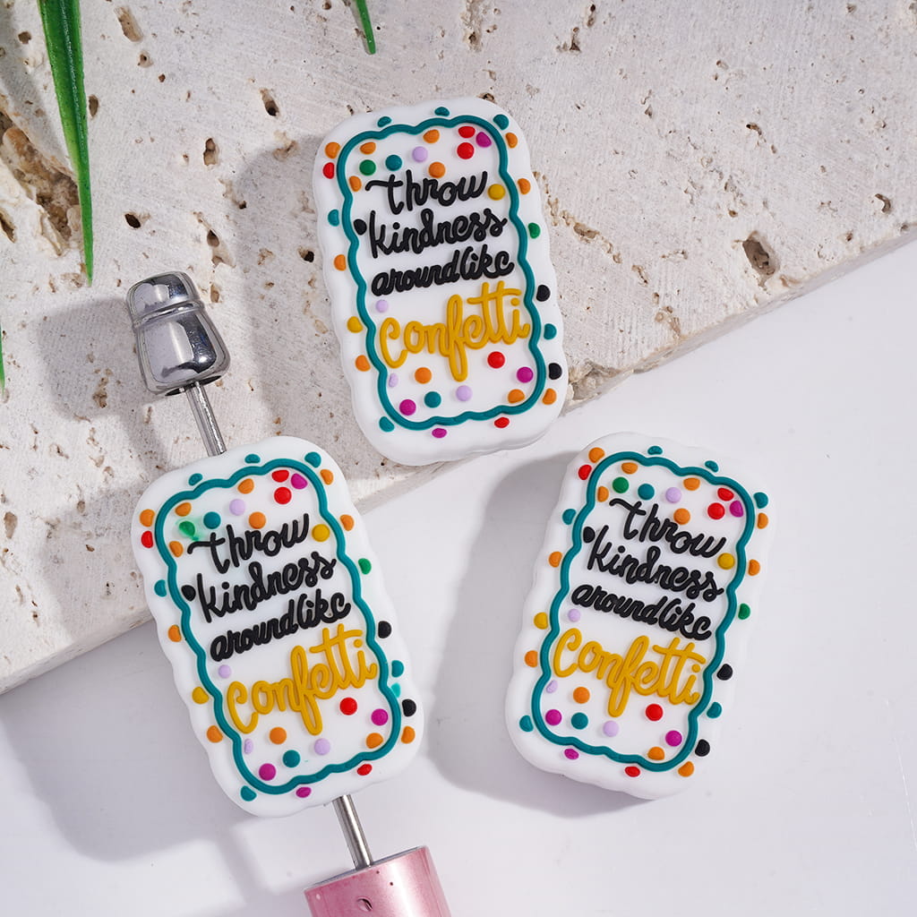 Rectangle Shape Silicone Focal Beads with Text "Throw Kindness Around Like Confetti" and Green Vine Polka Dots,