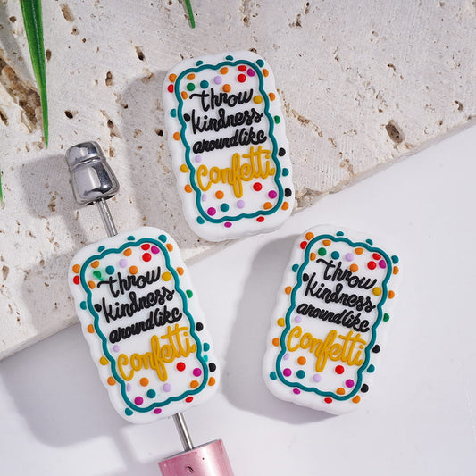 Rectangle Shape Silicone Focal Beads with Text "Throw Kindness Around Like Confetti" and Green Vine Polka Dots,