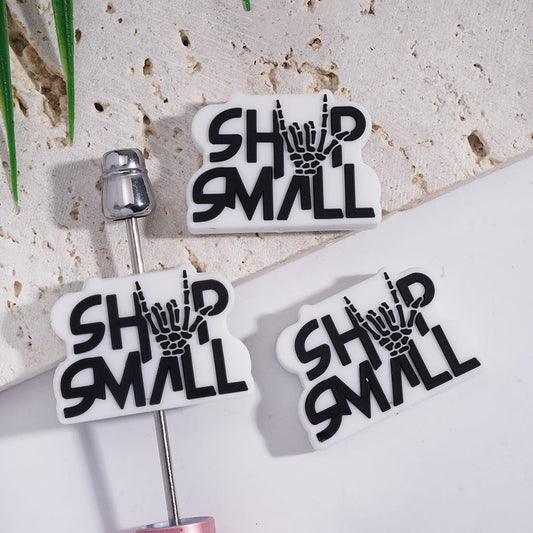 White Silicone Focal Beads with Black Text "SHOP SMALL" and Skull Hand