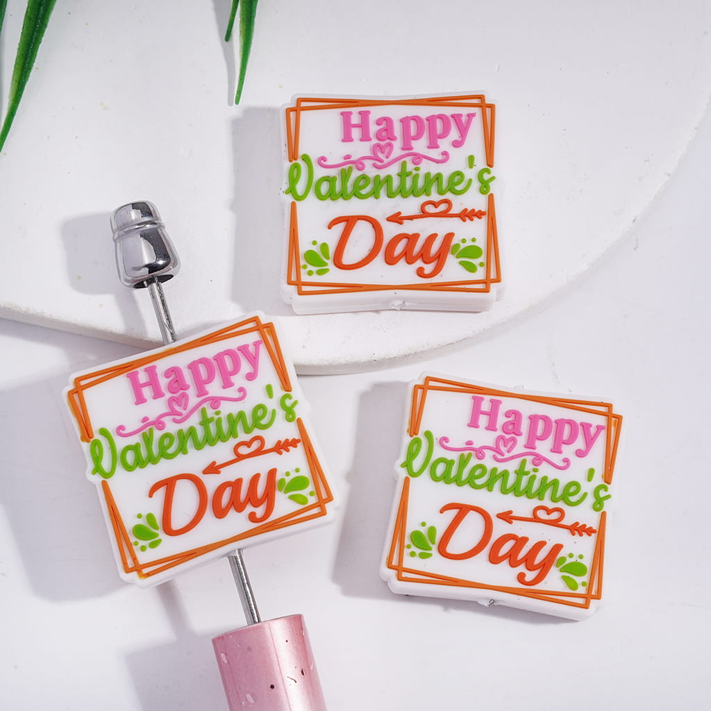 Square Shape Silicone Focal Beads with Text "Happy Valentine's Day" and Cupid's Arrow Heart